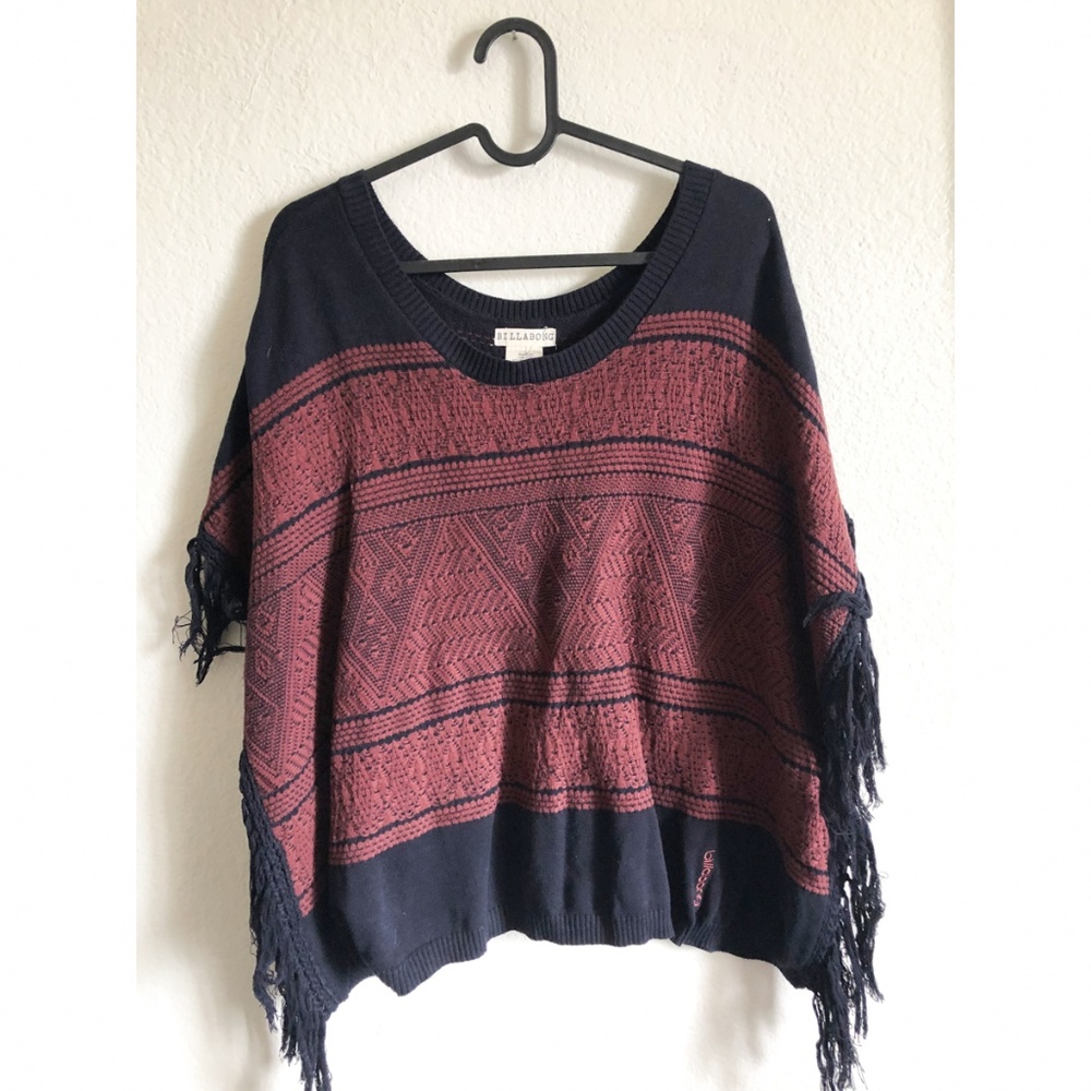Billabong Poncho Style Black + Red Fringe Top